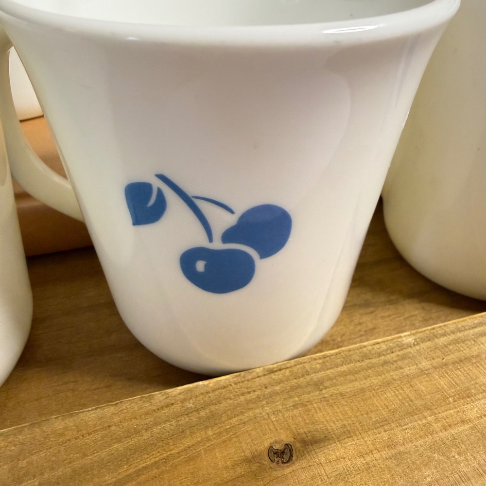 Vintage Corning USA Blue Fruit Basket Glass Mugs Set of 7 Apple Cherry